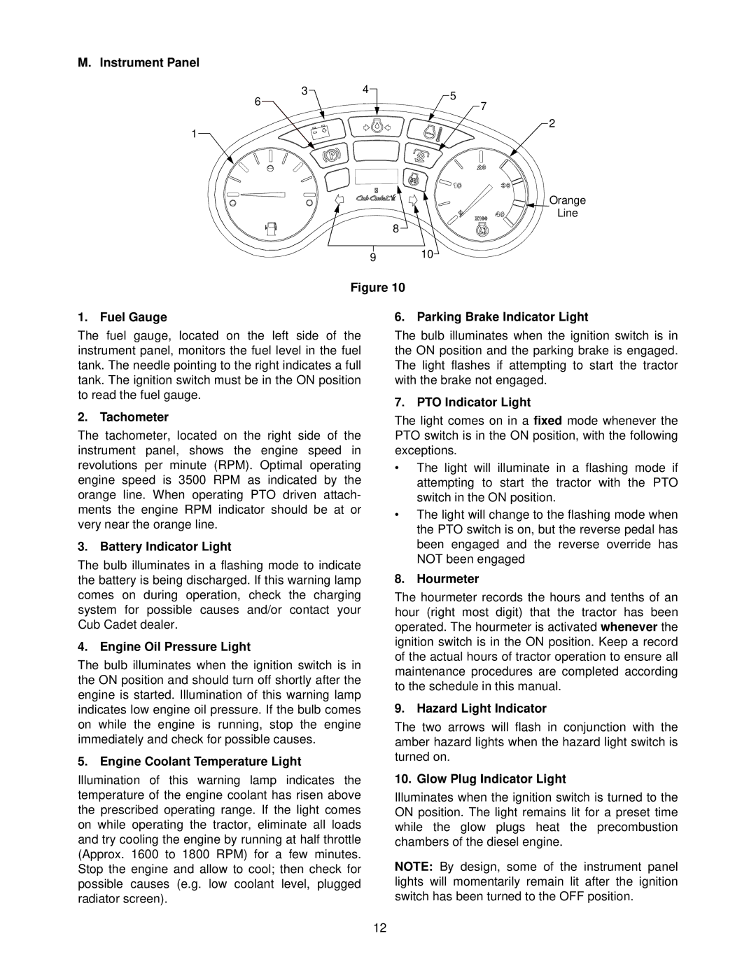 MTD 7304 manual Instrument Panel, Fuel Gauge, Parking Brake Indicator Light, PTO Indicator Light Tachometer, Hourmeter 