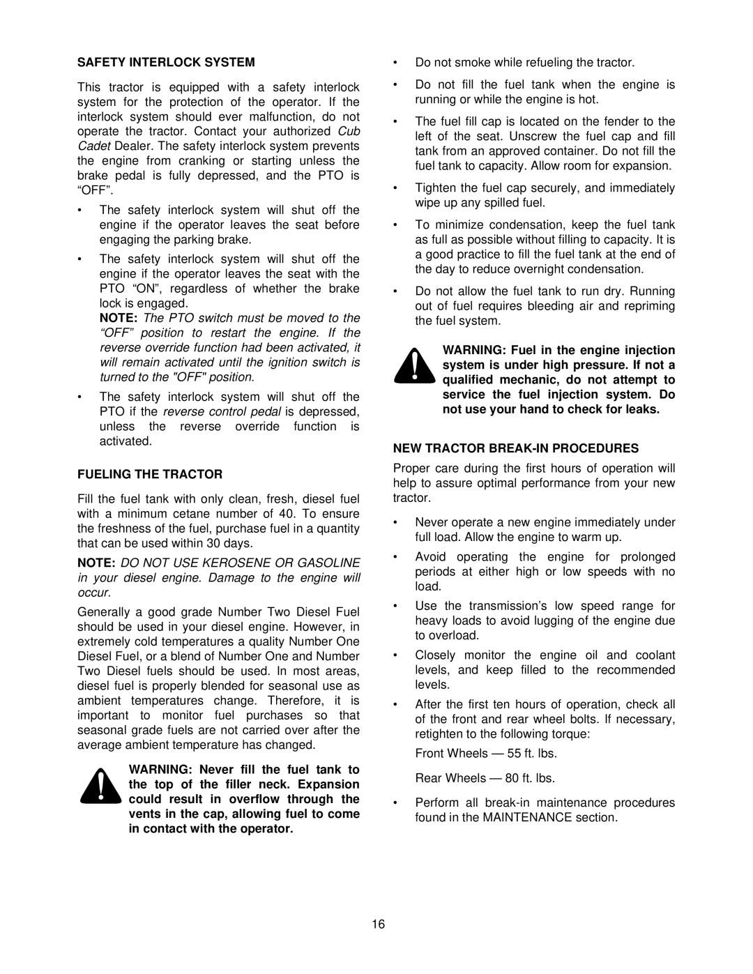 MTD 7304 manual Safety Interlock System, Fueling the Tractor, NEW Tractor BREAK-IN Procedures 