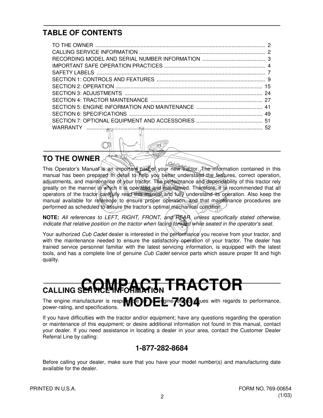 MTD 7304 manual Table of Contents, To the Owner, Calling Service Information 