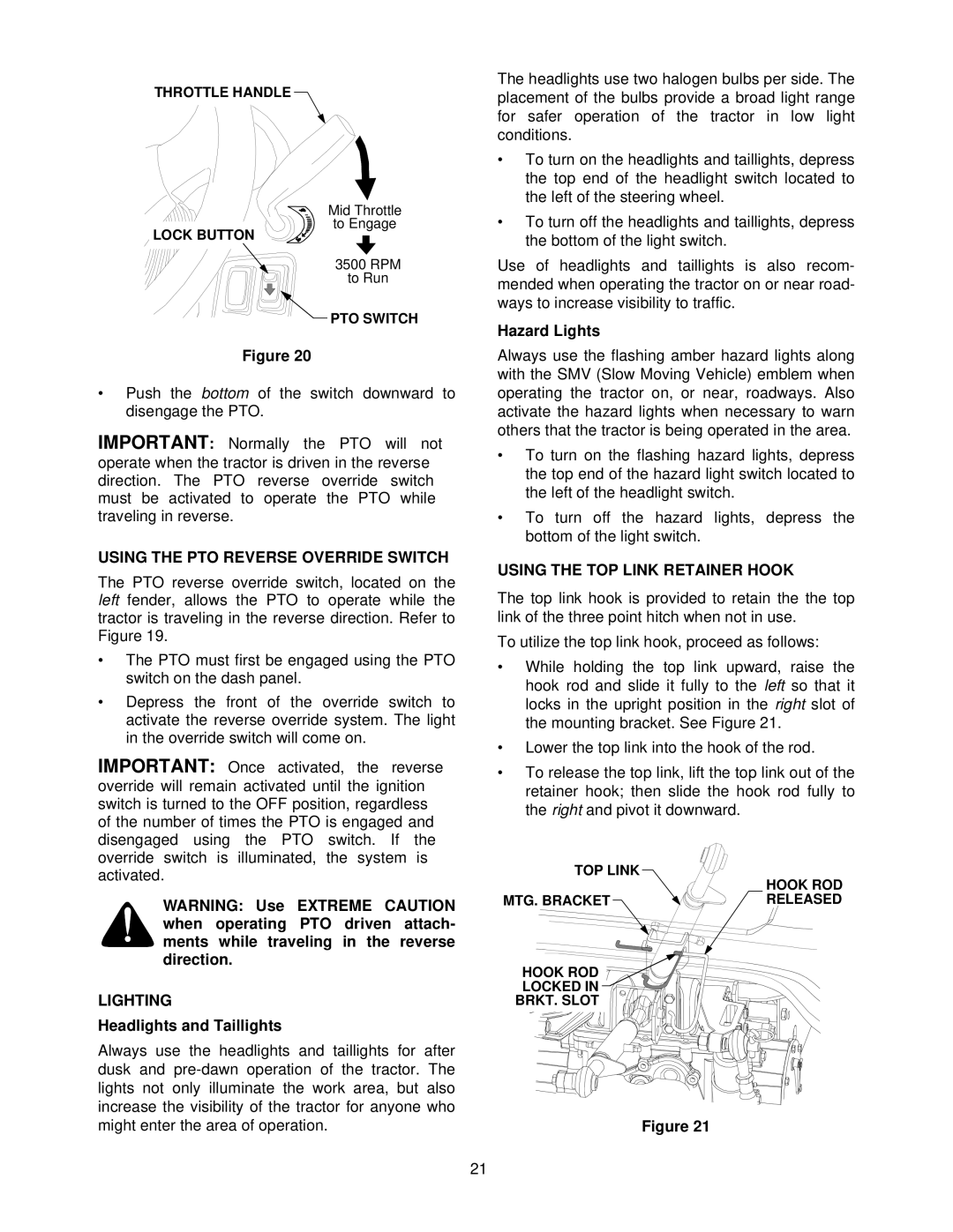 MTD 7304 manual Hazard Lights, Using the PTO Reverse Override Switch, Lighting, Headlights and Taillights 