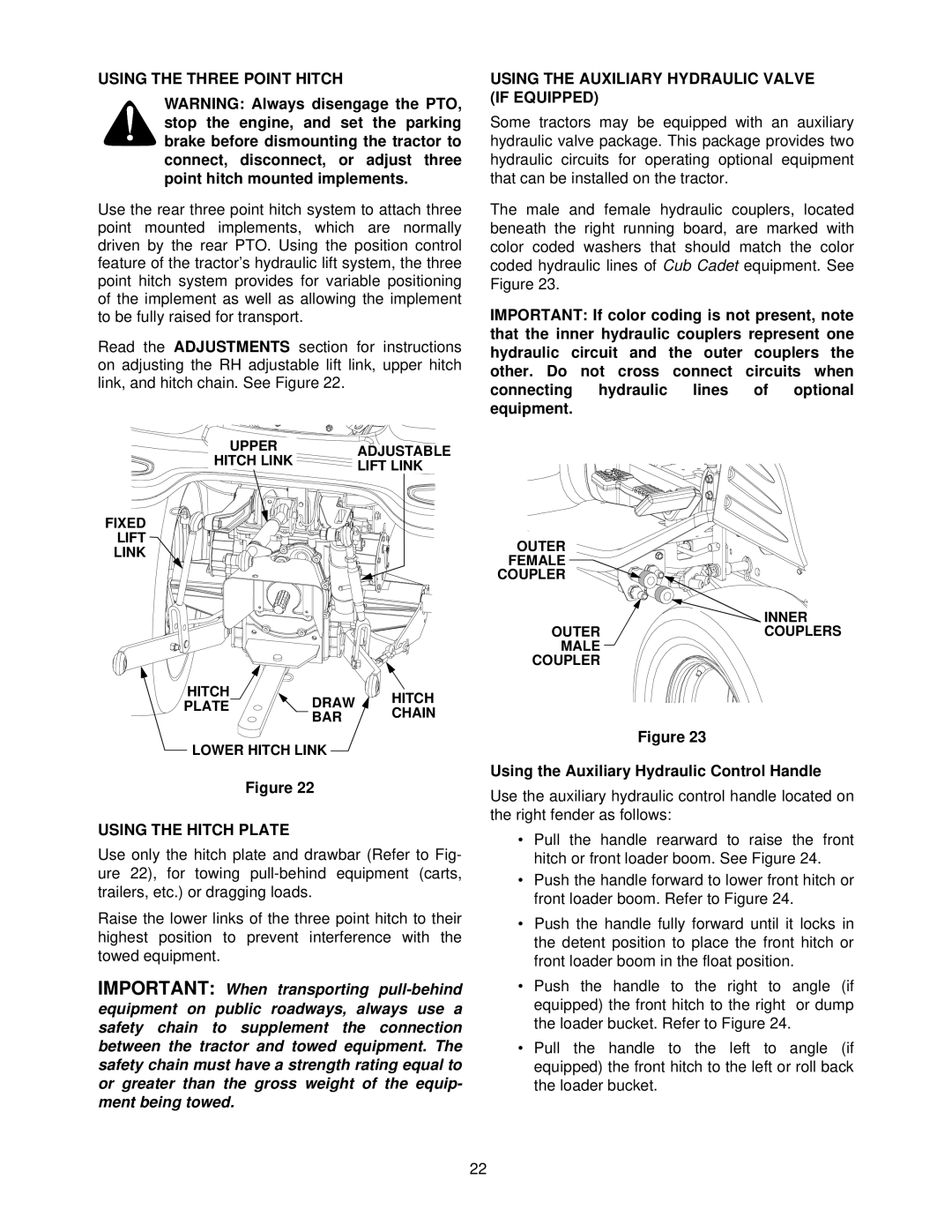 MTD 7304 manual Using the Three Point Hitch, Using the Hitch Plate, Using the Auxiliary Hydraulic Valve if Equipped 