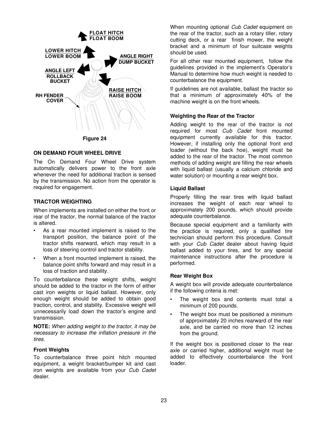 MTD 7304 manual On Demand Four Wheel Drive, Tractor Weighting 