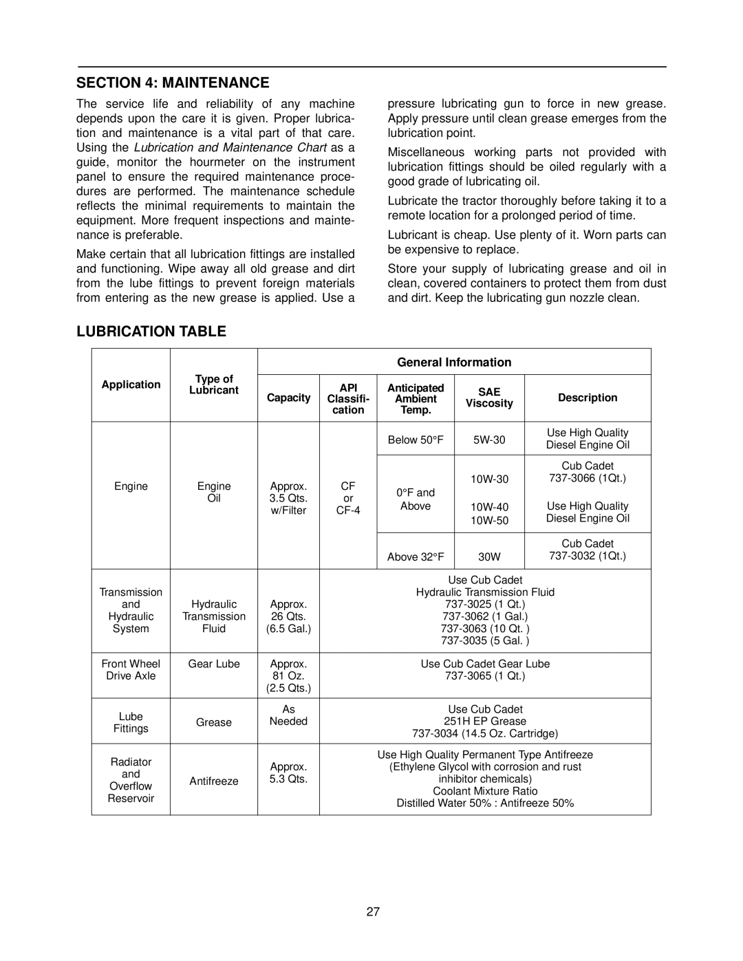 MTD 7304 manual Maintenance, Lubrication Table, General Information 