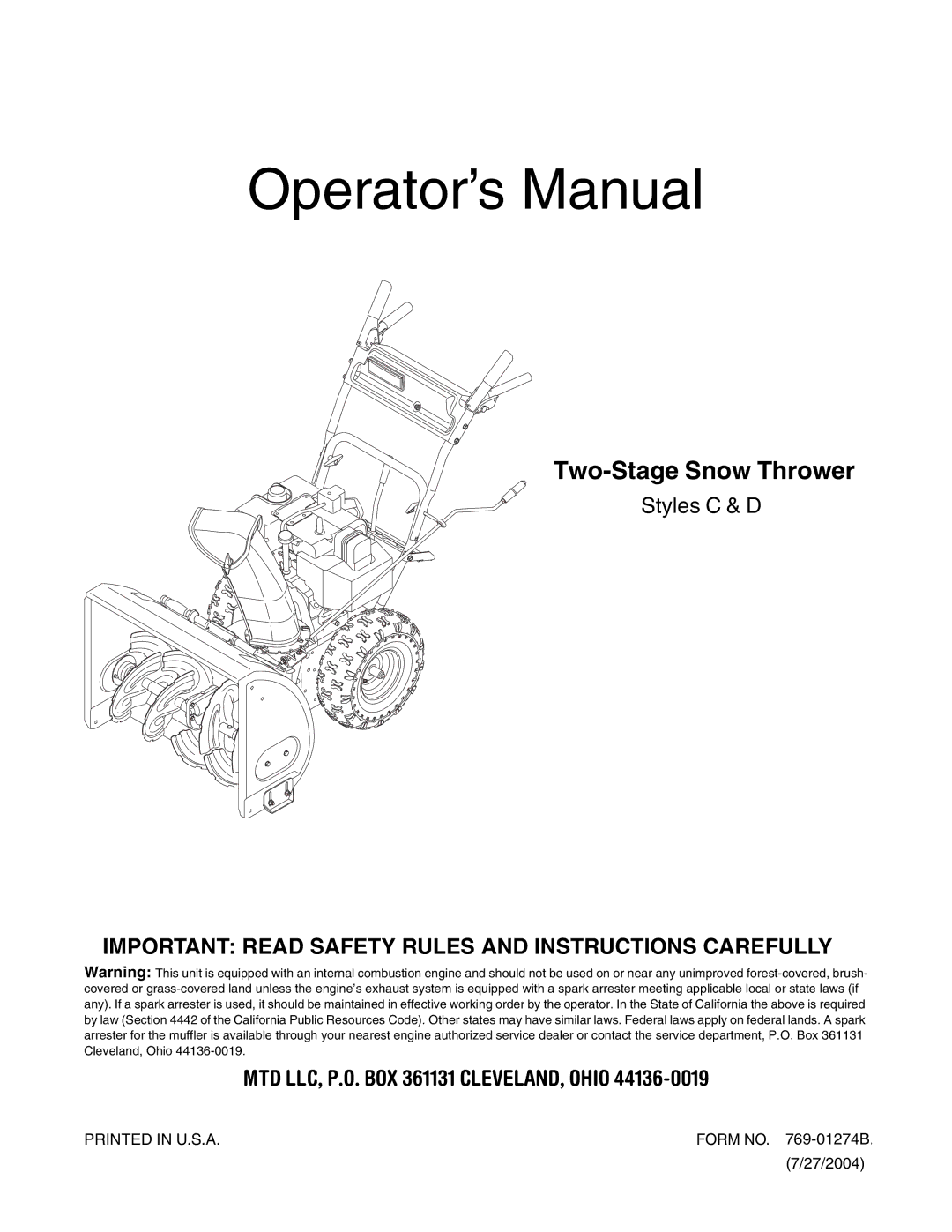 MTD 737-0168 manual Operator’s Manual 