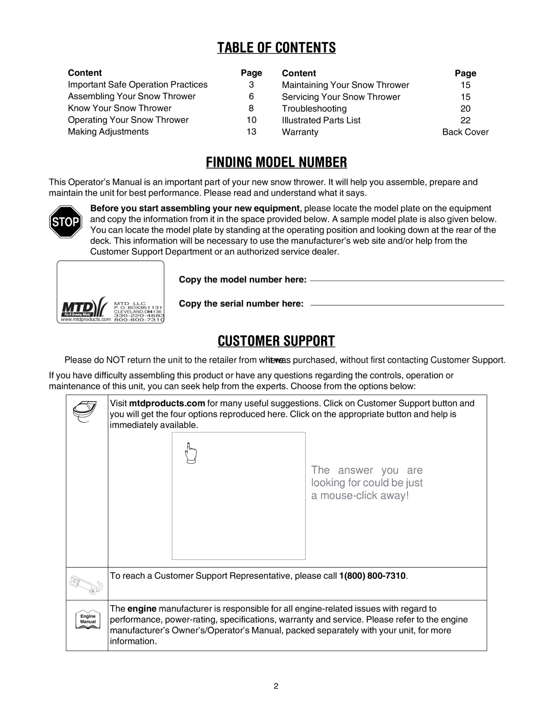 MTD 737-0168 manual Table of Contents 