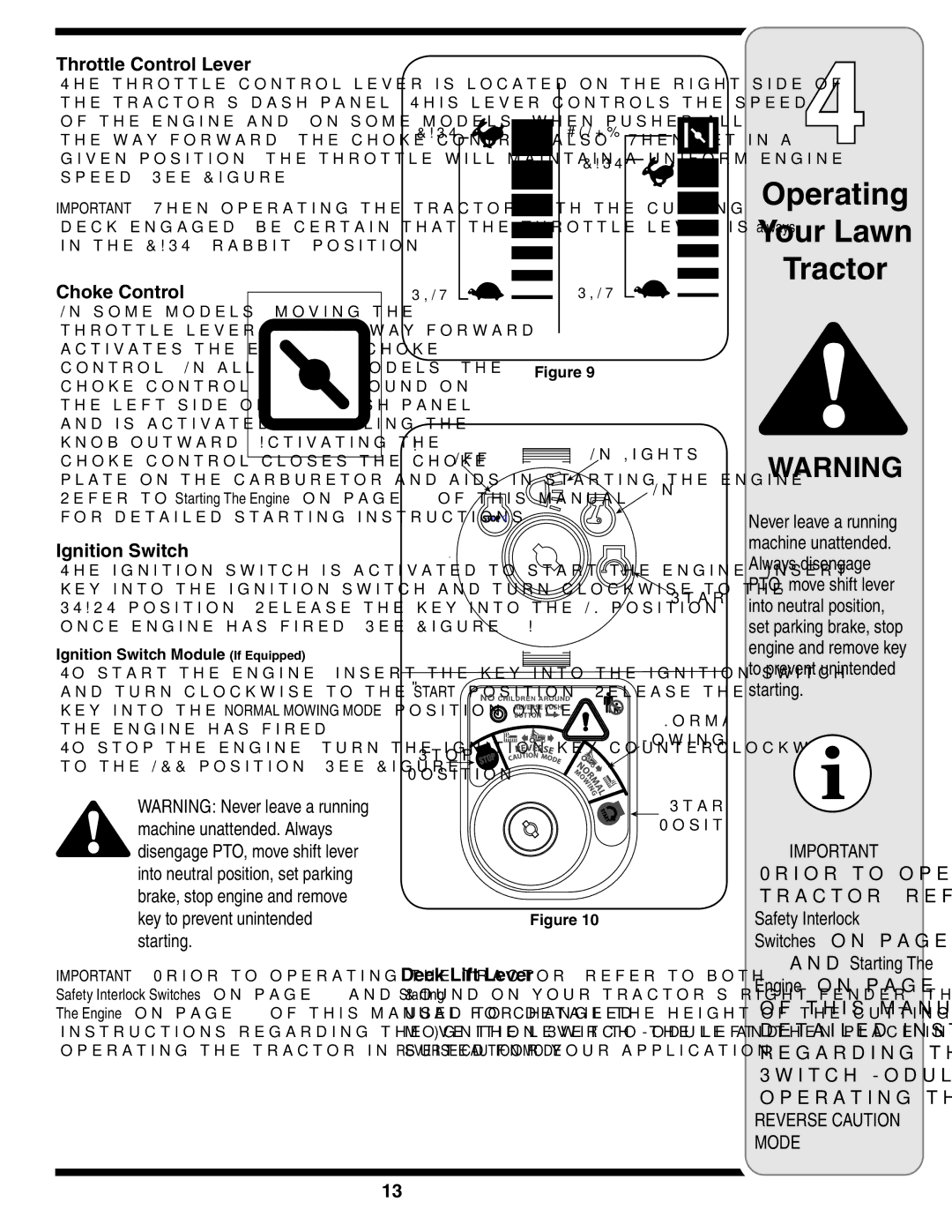 MTD 760, 779, 760-779 Throttle Control Lever, Choke Control, Ignition Switch, Always disengage, Starting, Deck Lift Lever 