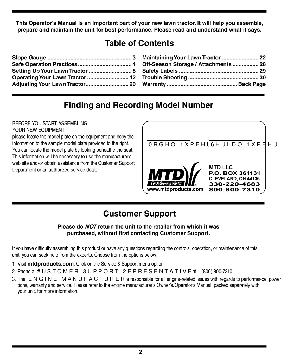 MTD 760-779, 760, 779 warranty Table of Contents 