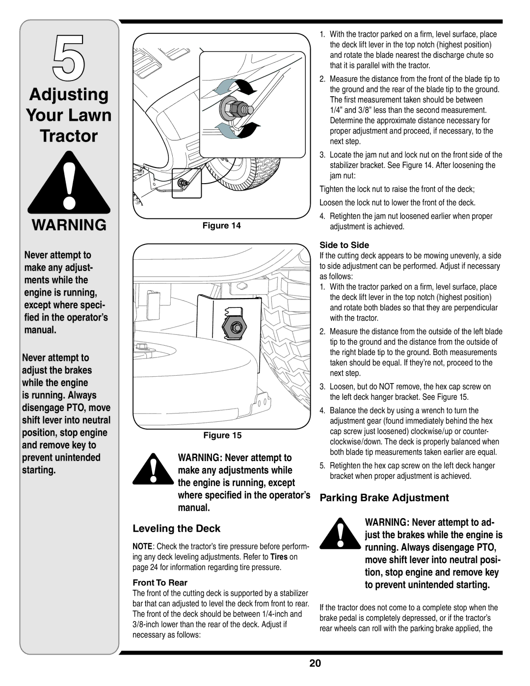 MTD 760-779, 760, 779 warranty Leveling the Deck, Parking Brake Adjustment, Front To Rear, Side to Side 