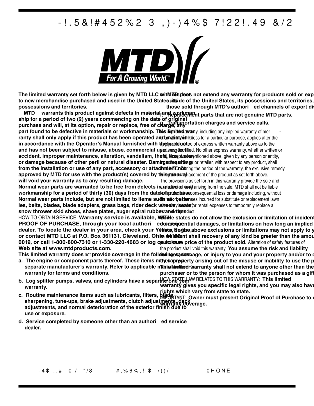 MTD 760-779, 760, 779 warranty MANUFACTURER’S Limited Warranty for 