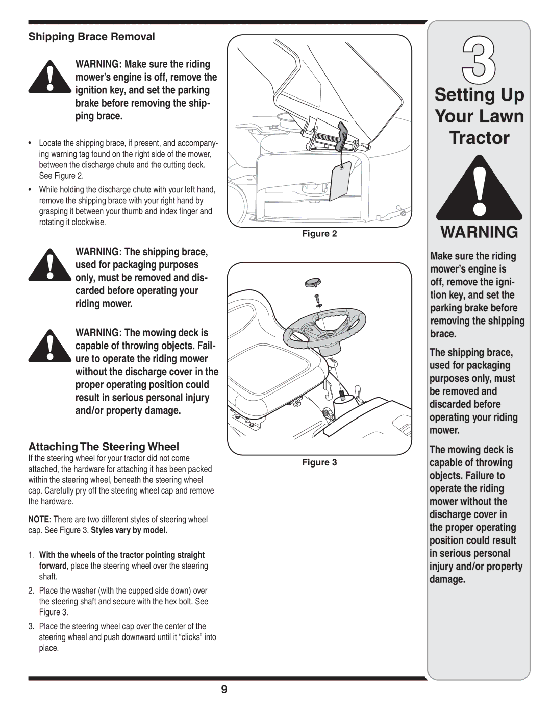 MTD 760, 779, 760-779 warranty Shipping Brace Removal, Attaching The Steering Wheel 