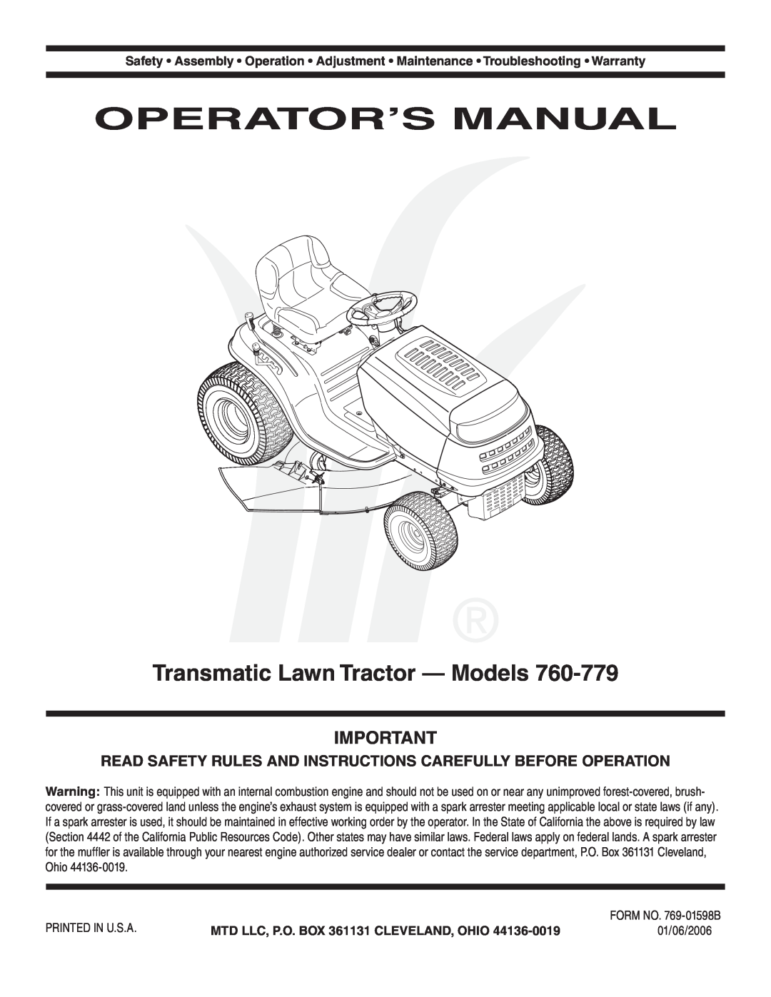MTD 760, 779, 760-779 warranty Operator’S Manual, Transmatic Lawn Tractor - Models 