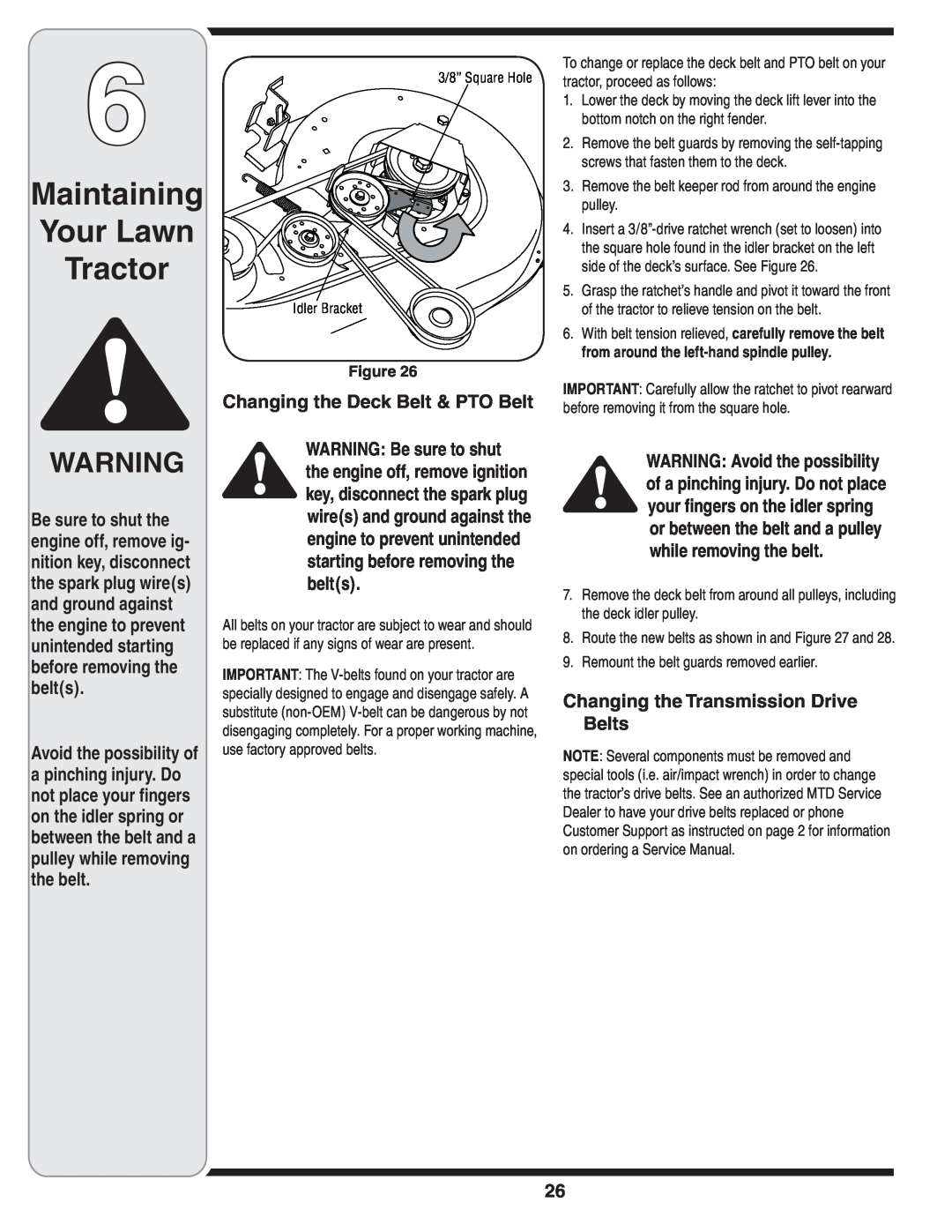 MTD 760-779 Changing the Deck Belt & PTO Belt, Changing the Transmission Drive Belts, Maintaining Your Lawn Tractor 