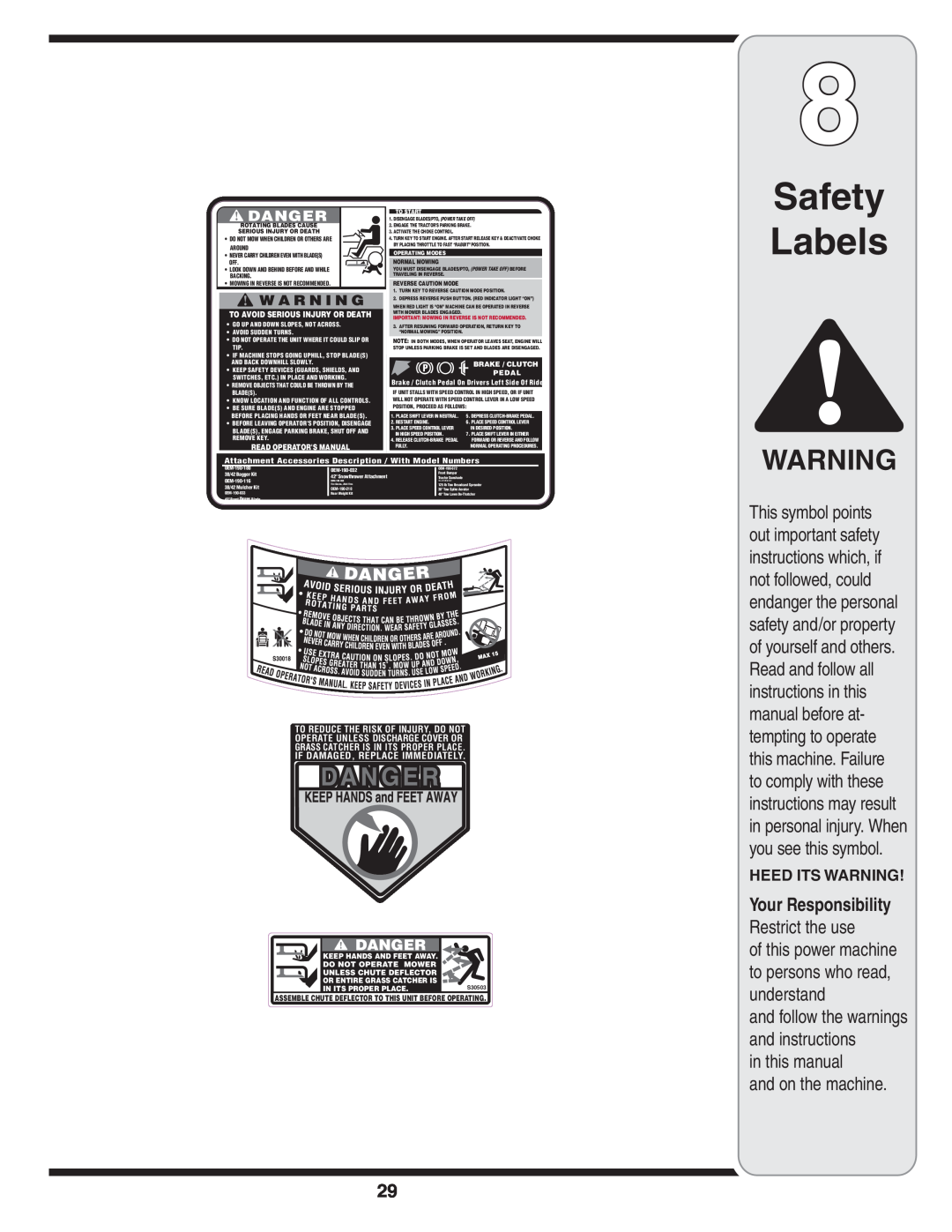 MTD 760, 779, 760-779 warranty Safety Labels, in this manual and on the machine 