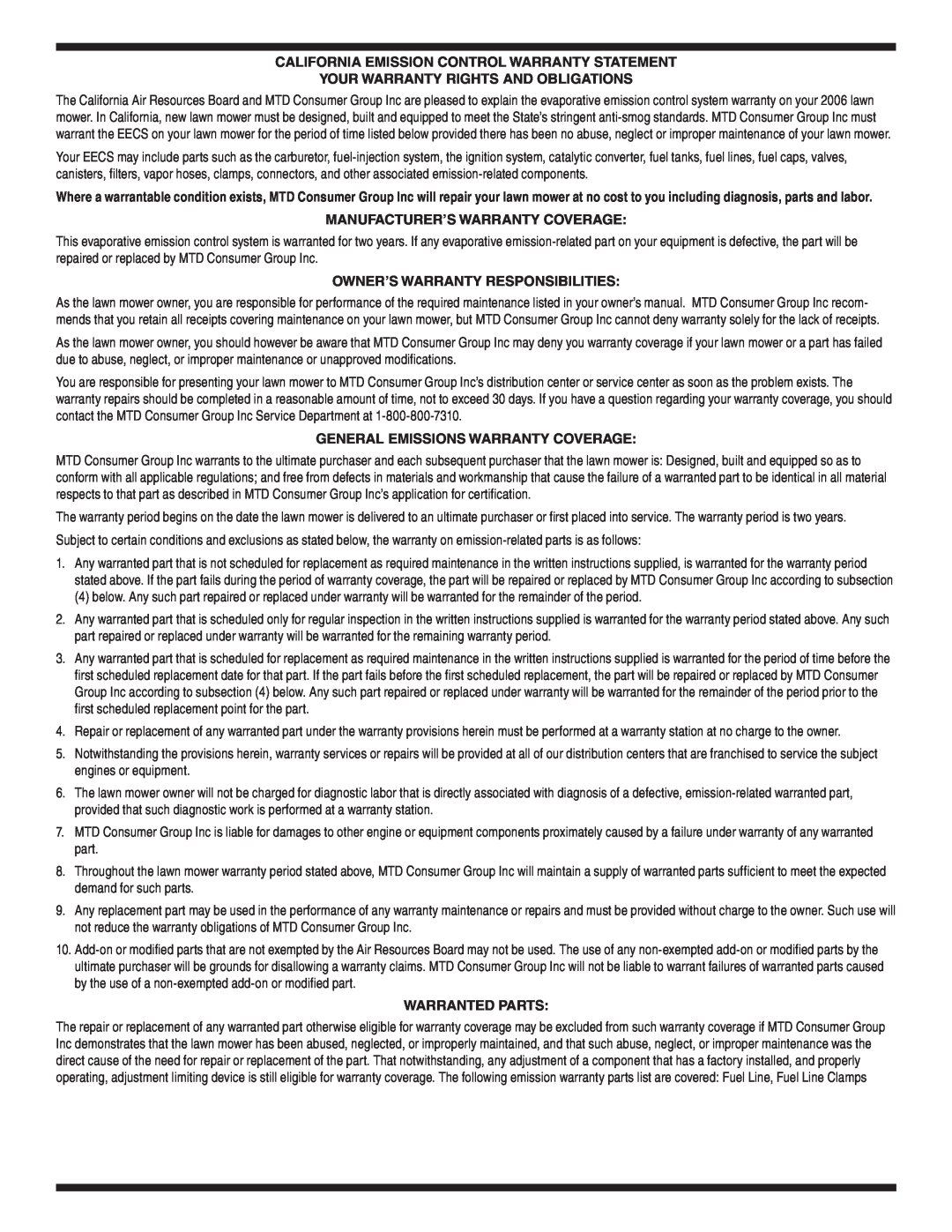 MTD 760, 779 warranty California Emission Control Warranty Statement, Your Warranty Rights And Obligations, Warranted Parts 