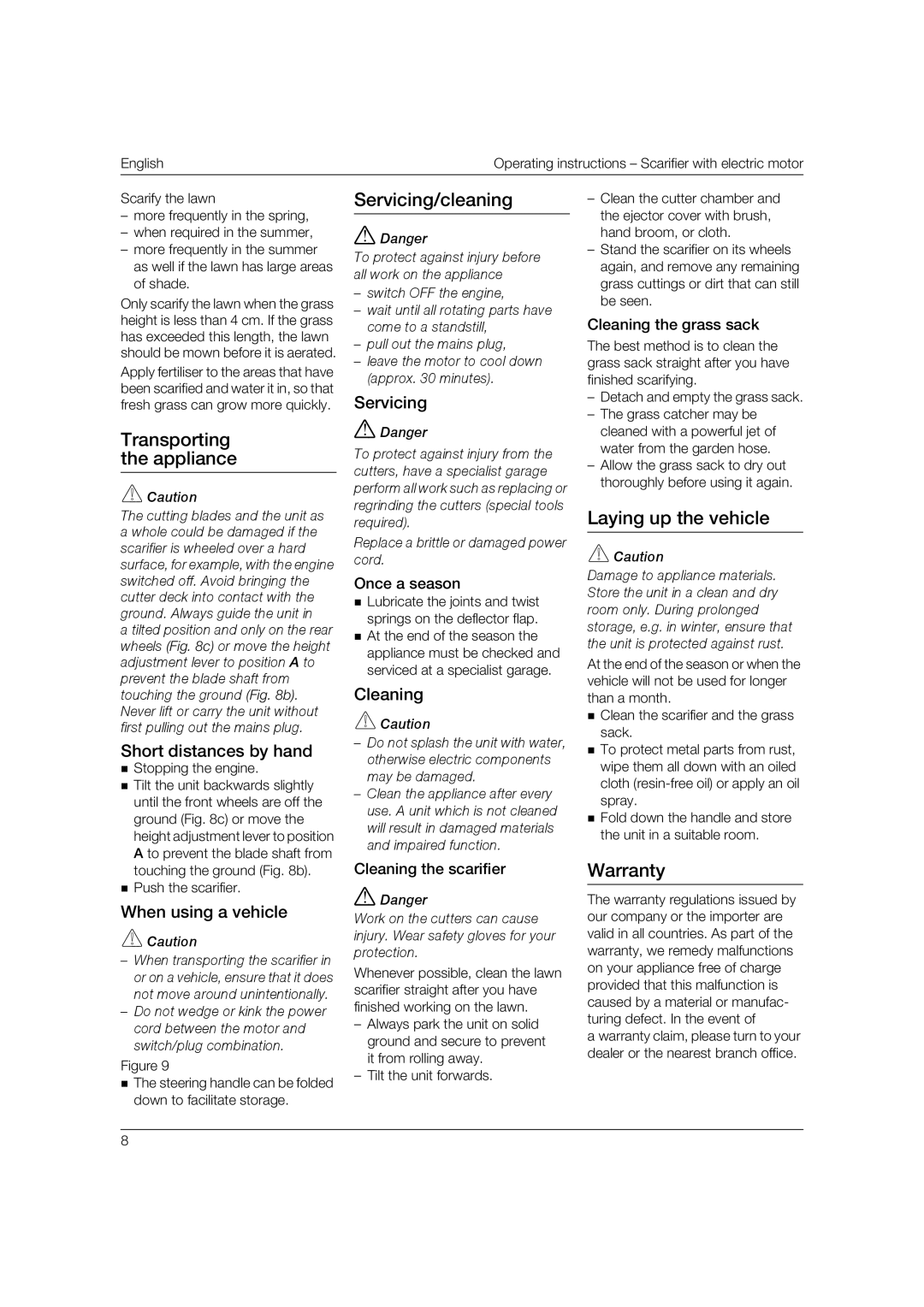 MTD 769-00765D manual Transporting the appliance, Servicing/cleaning, Laying up the vehicle, Warranty 