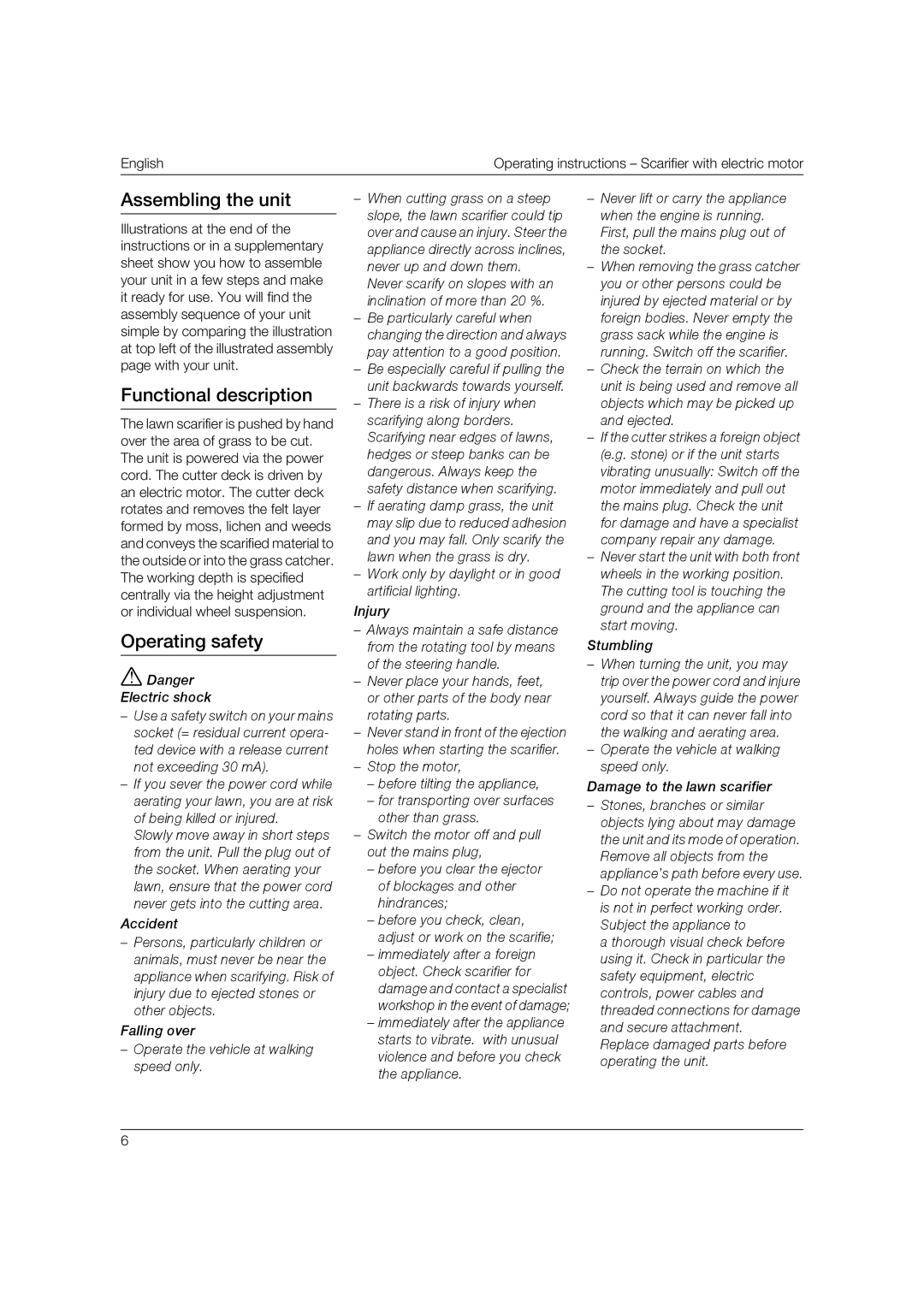 MTD 769-00765D manual Assembling the unit, Functional description, Operating safety 