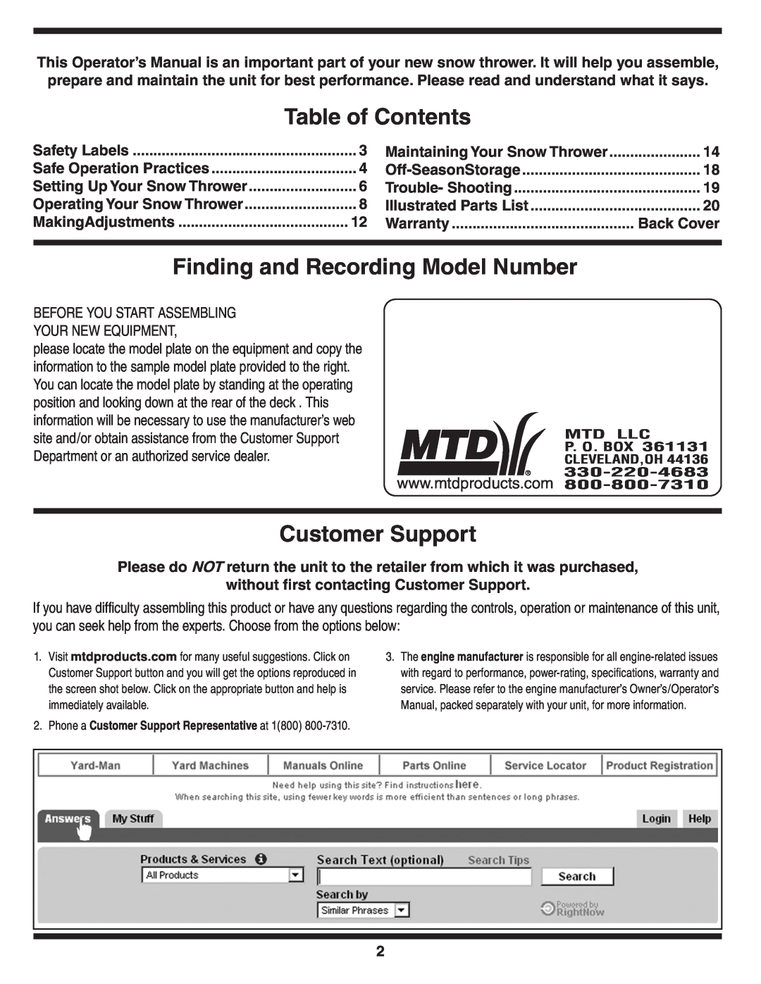 MTD 769-01275C Table of Contents, Finding and Recording Model Number, Customer Support, Maintaining Your Snow Thrower 