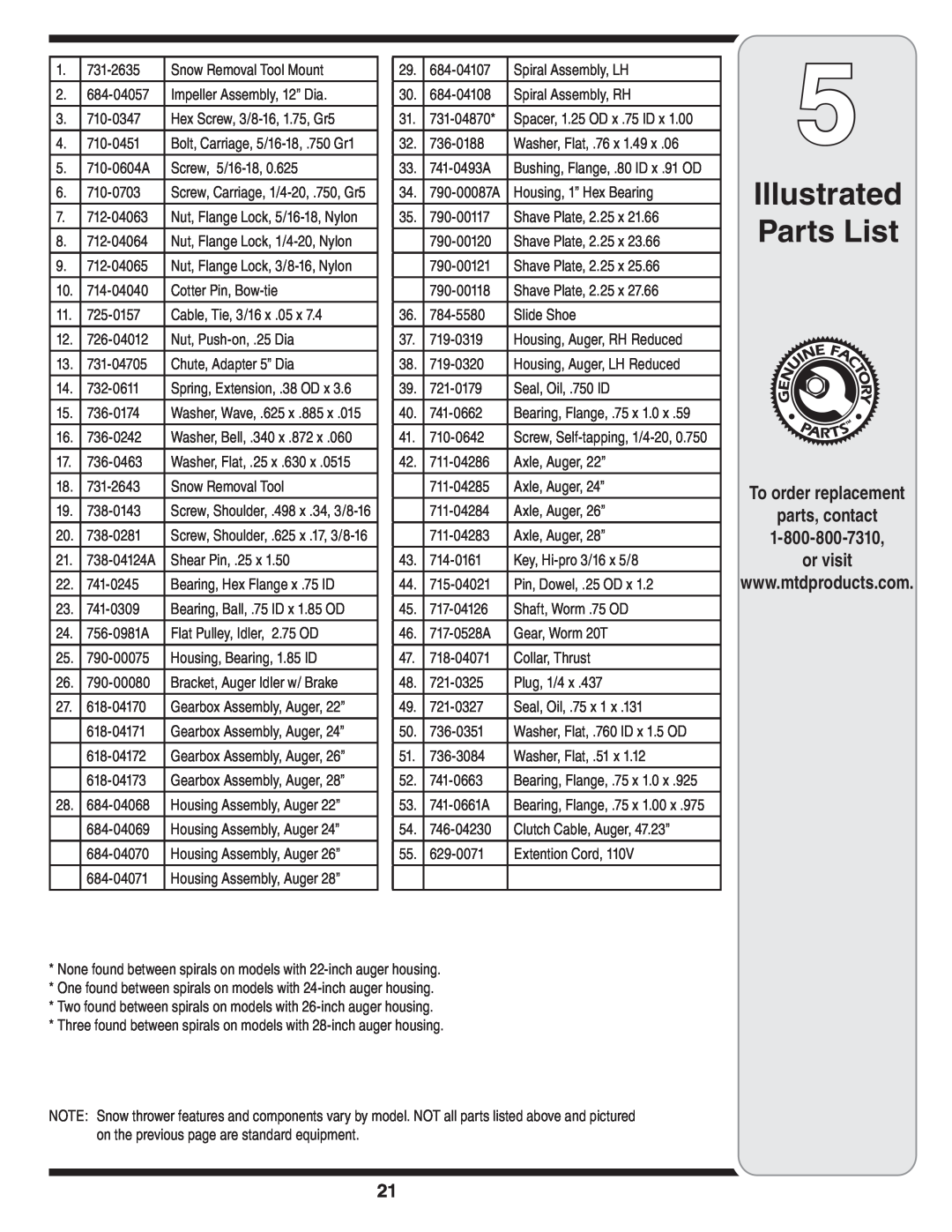MTD 769-01275C warranty Illustrated Parts List, To order replacement parts, contact, or visit 