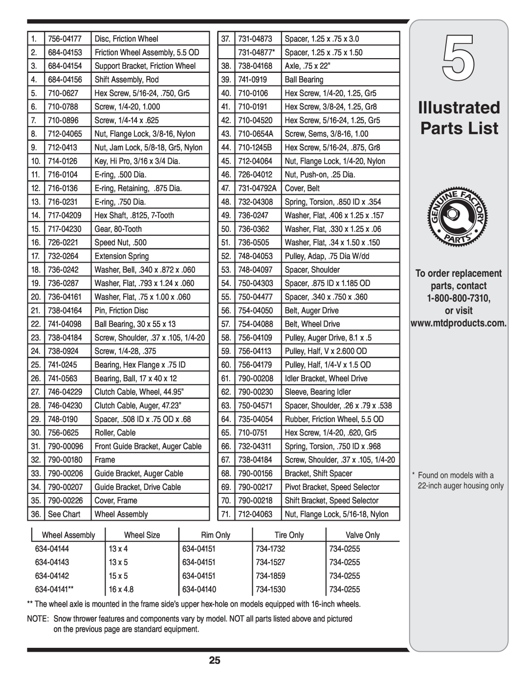 MTD 769-01275C warranty Illustrated Parts List, To order replacement parts, contact, or visit 