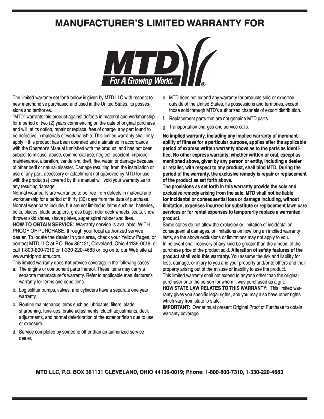 MTD 769-01275C warranty Manufacturer’S Limited Warranty For 