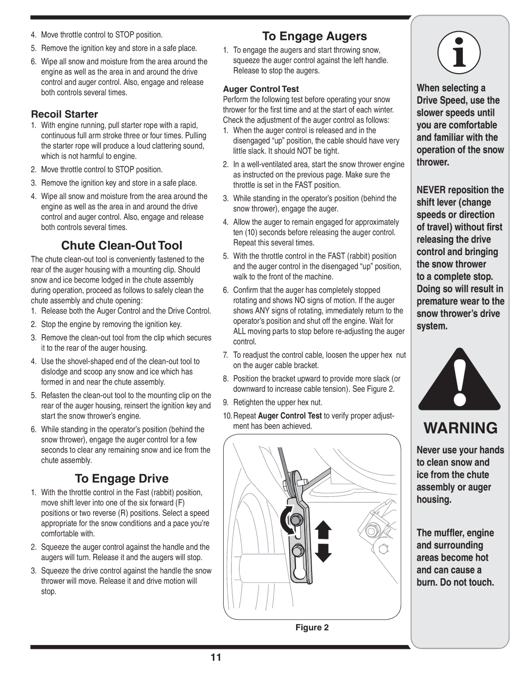 MTD 769-01275C warranty Chute Clean-Out Tool, To Engage Drive, To Engage Augers, Recoil Starter, Auger Control Test 