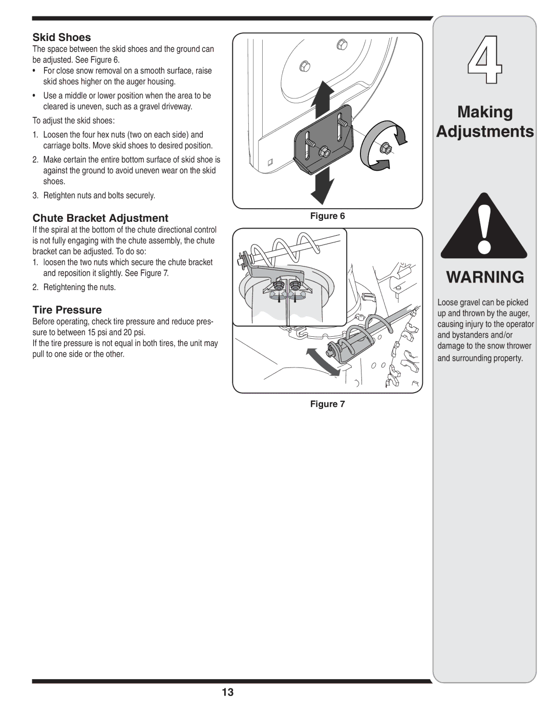 MTD 769-01275C warranty Chute Bracket Adjustment, To adjust the skid shoes, Retightening the nuts, Surrounding property 