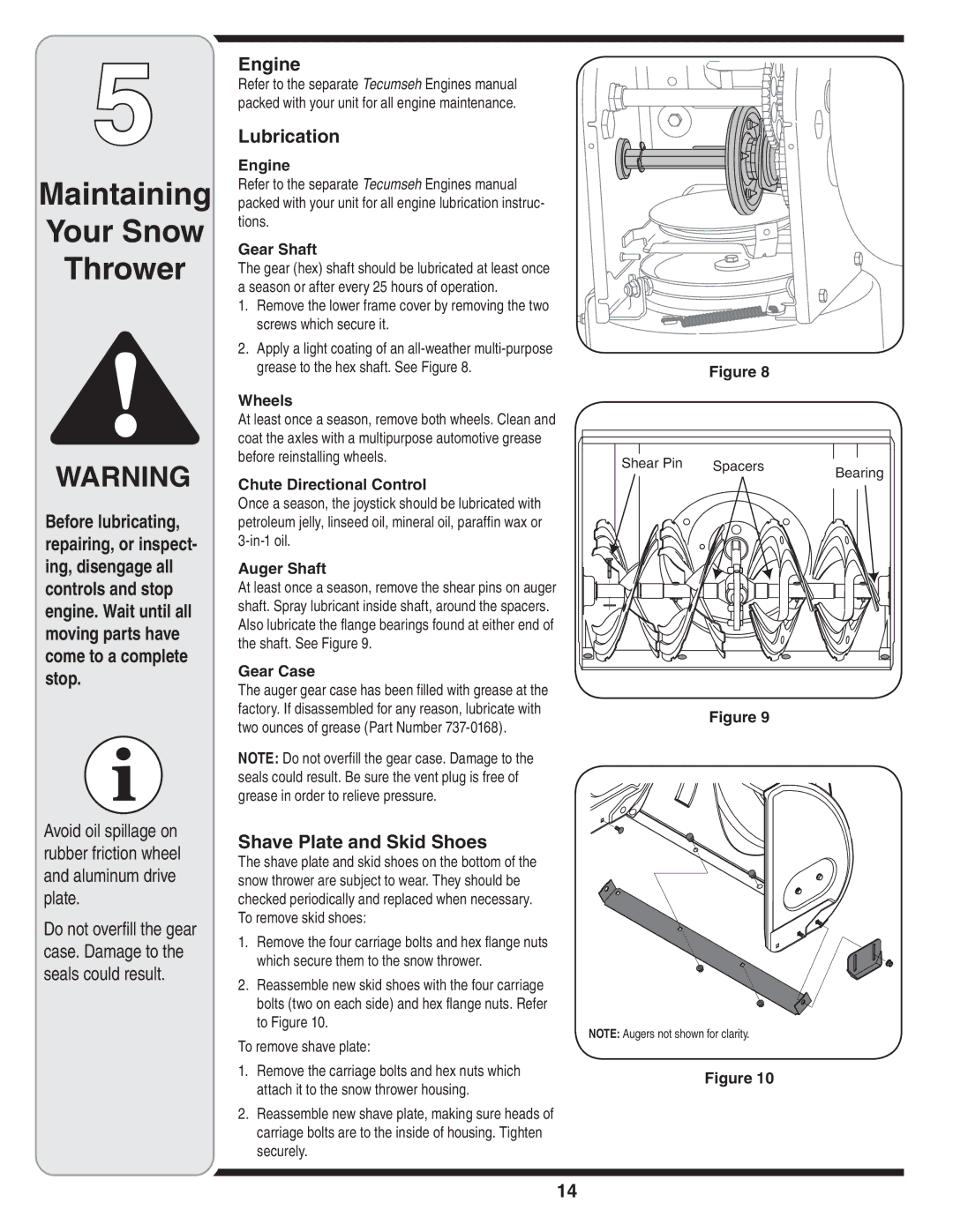 MTD 769-01275C warranty Maintaining Your Snow Thrower, Engine, Lubrication, Shave Plate and Skid Shoes 