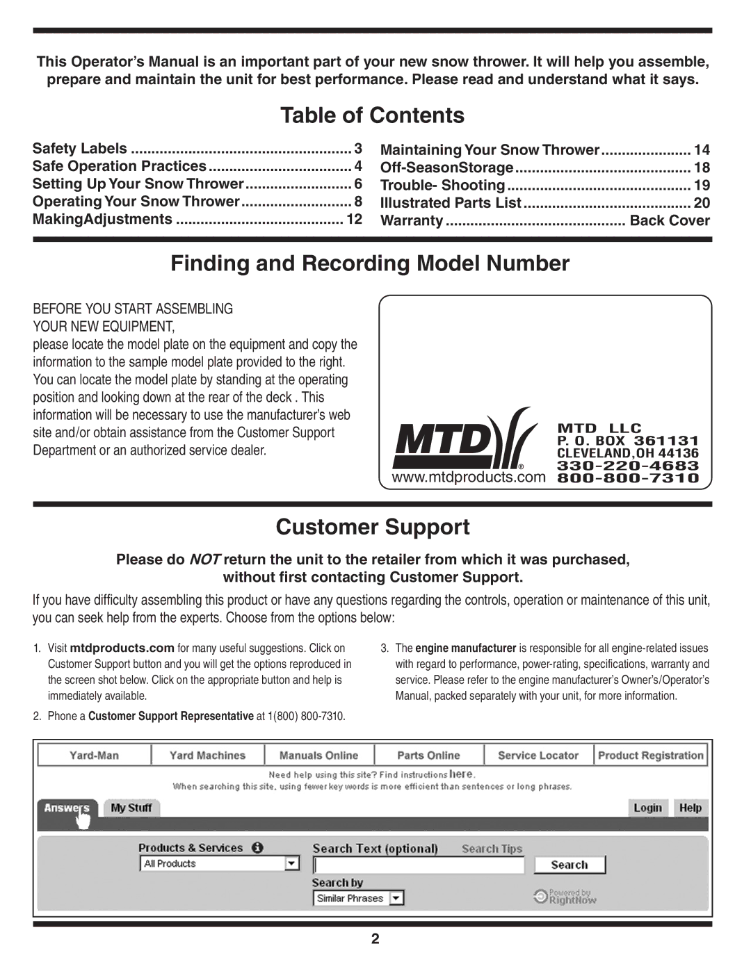 MTD 769-01275C warranty Table of Contents 