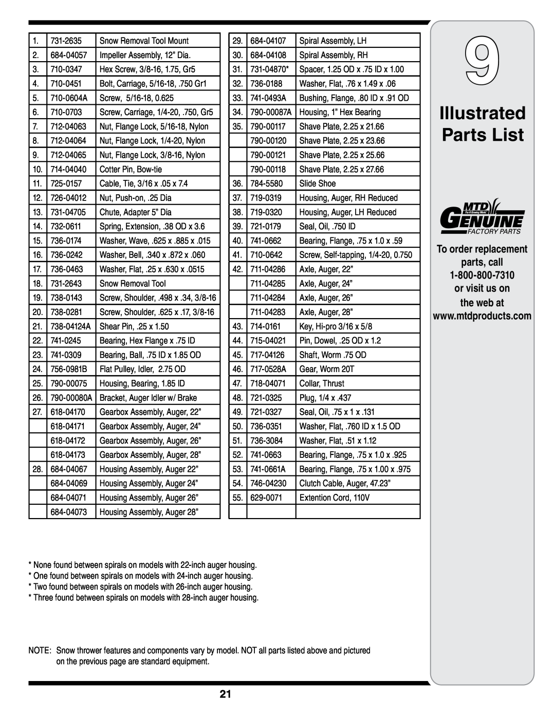 MTD 769-01275D warranty Illustrated Parts List, To order replacement parts, call, or visit us on the web at 
