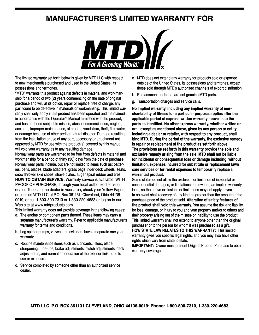 MTD 769-01275D warranty Manufacturer’S Limited Warranty For 