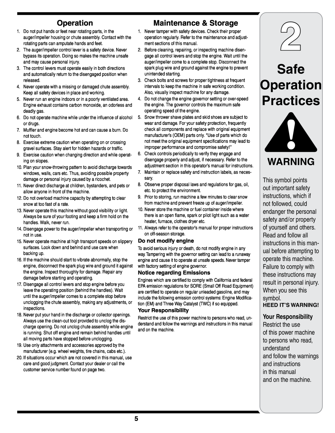 MTD 769-01275D Safe Operation Practices, Maintenance & Storage, Restrict the use, in this manual and on the machine 