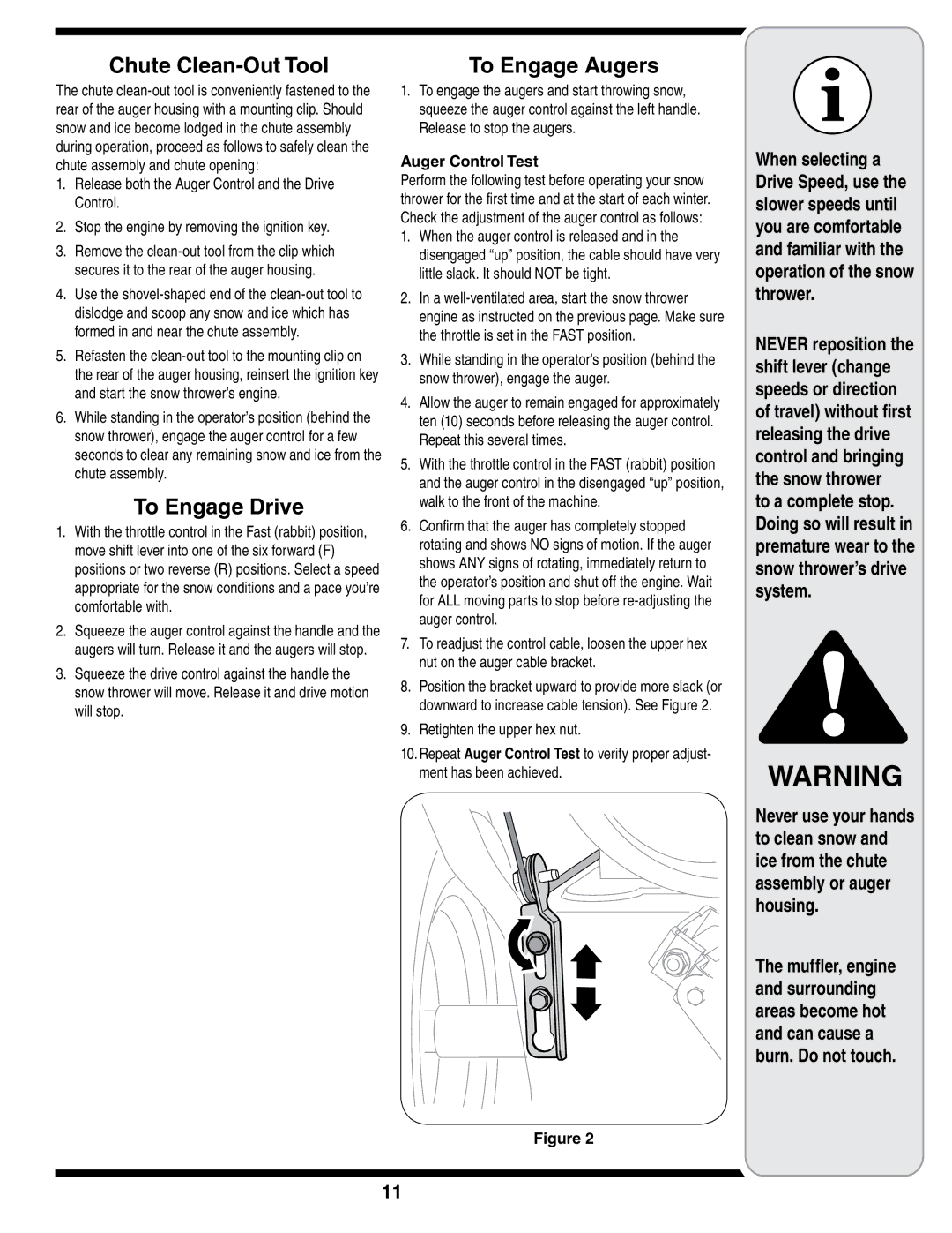 MTD 769-01275D warranty Chute Clean-Out Tool, To Engage Drive, To Engage Augers, Auger Control Test 