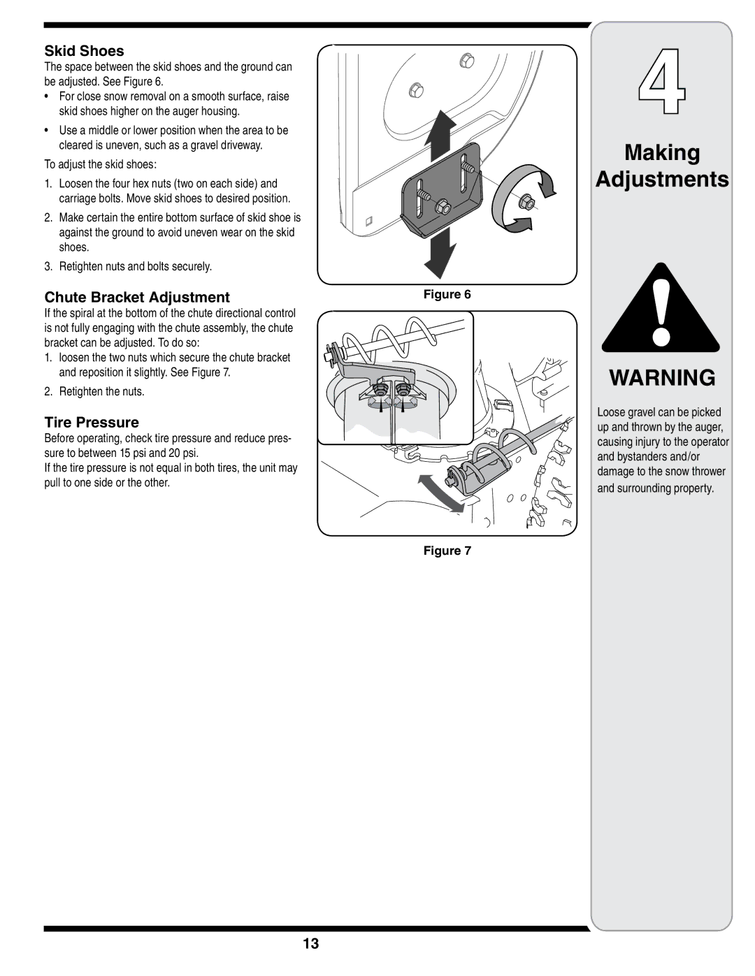 MTD 769-01275D warranty Chute Bracket Adjustment, To adjust the skid shoes 