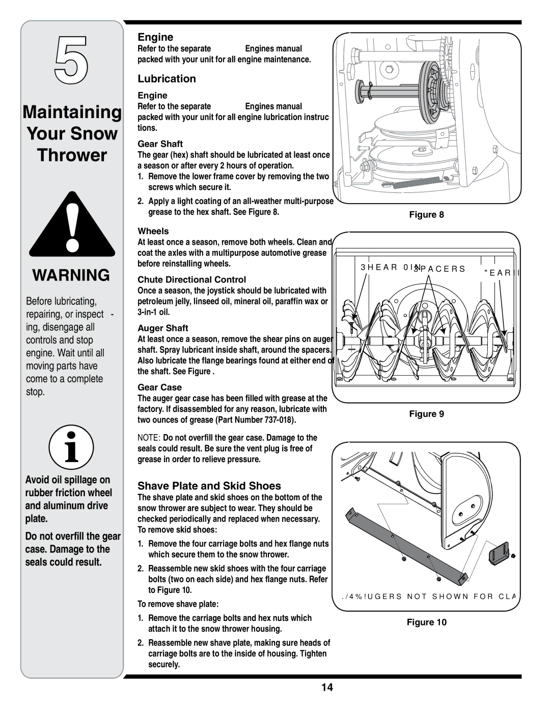 MTD 769-01275D warranty Maintaining Your Snow Thrower, Engine, Lubrication, Shave Plate and Skid Shoes 