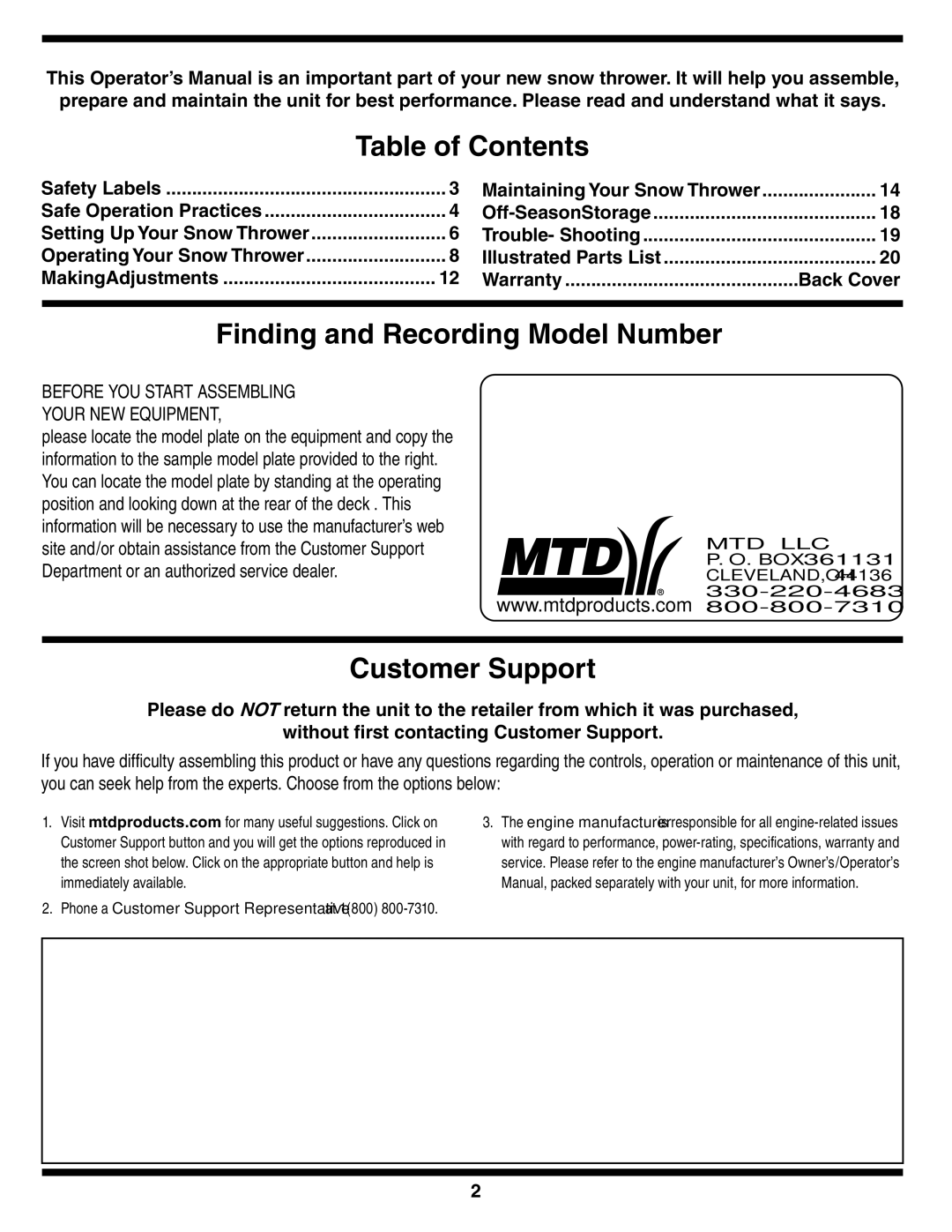 MTD 769-01275D warranty Table of Contents, Finding and Recording Model Number, Customer Support 