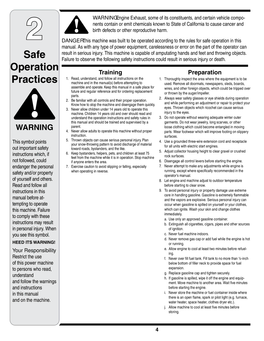 MTD 769-01275D warranty TrainingPreparation, Your Responsibility Restrict the use 