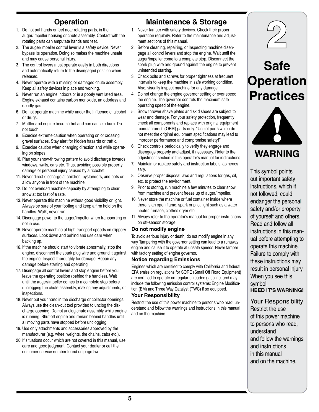 MTD 769-01275D warranty Operation, Maintenance & Storage, Do not modify engine, Your Responsibility 