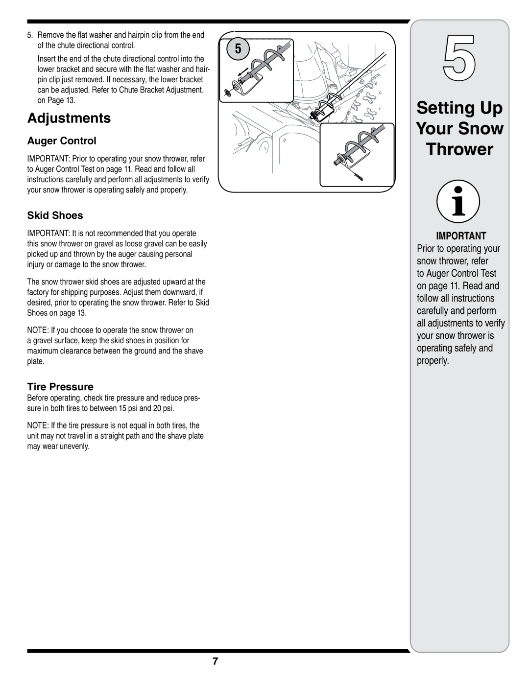 MTD 769-01275D warranty Auger Control, Skid Shoes, Tire Pressure, Chute directional control 