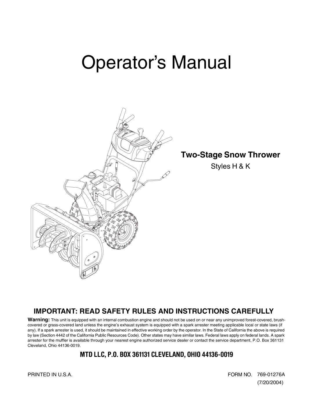 MTD 769-01276A manual Operator’s Manual 