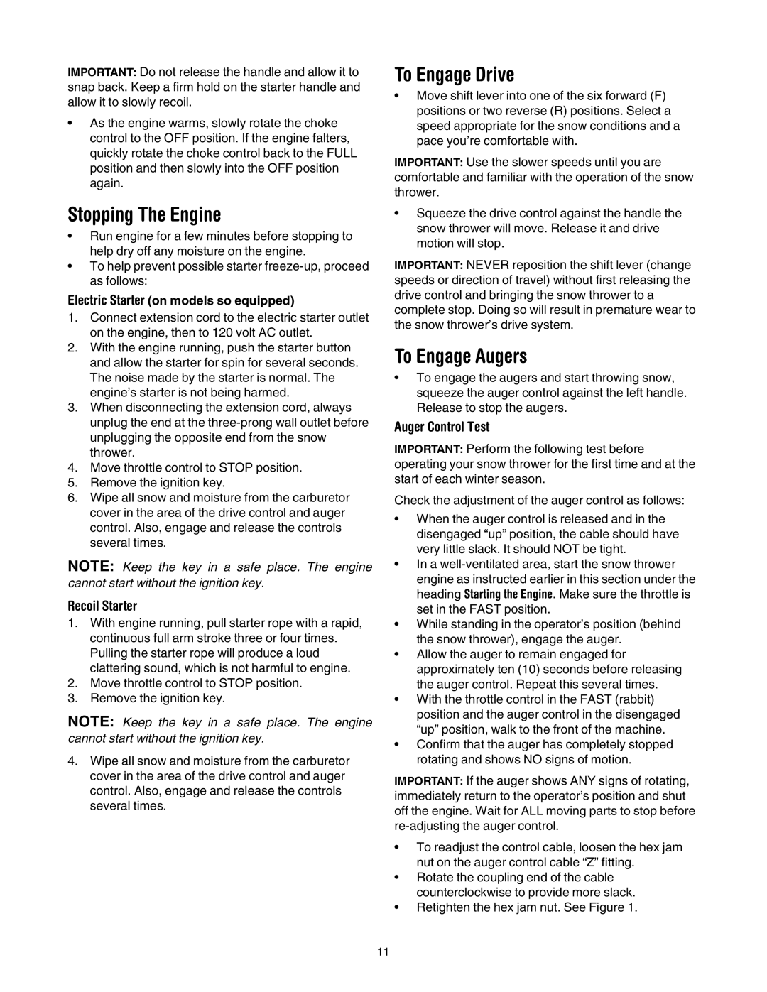 MTD 769-01276A manual Stopping The Engine, To Engage Drive, To Engage Augers, Auger Control Test 