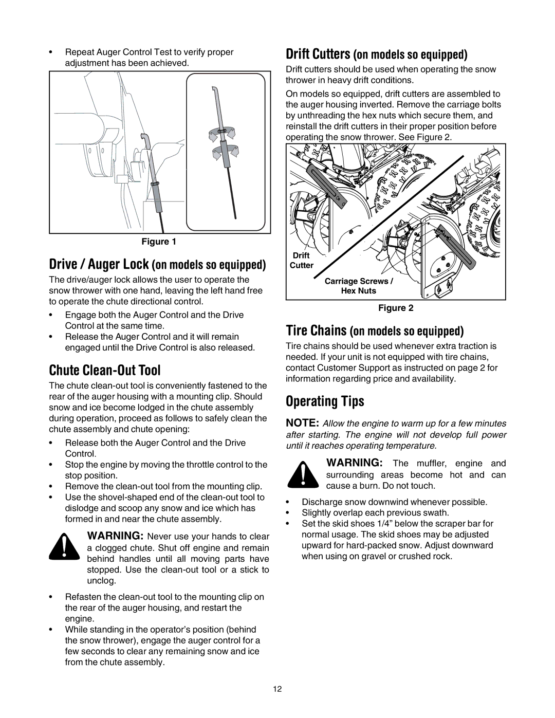 MTD 769-01276A manual Chute Clean-Out Tool, Operating Tips, Drive / Auger Lock on models so equipped 