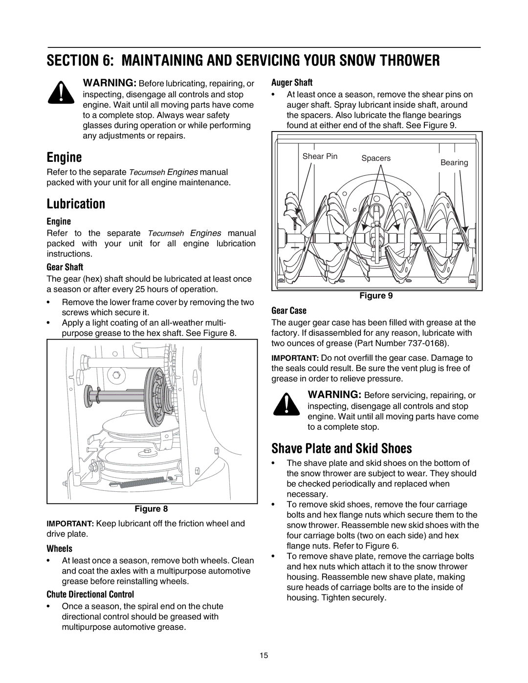 MTD 769-01276A manual Engine, Lubrication, Shave Plate and Skid Shoes 