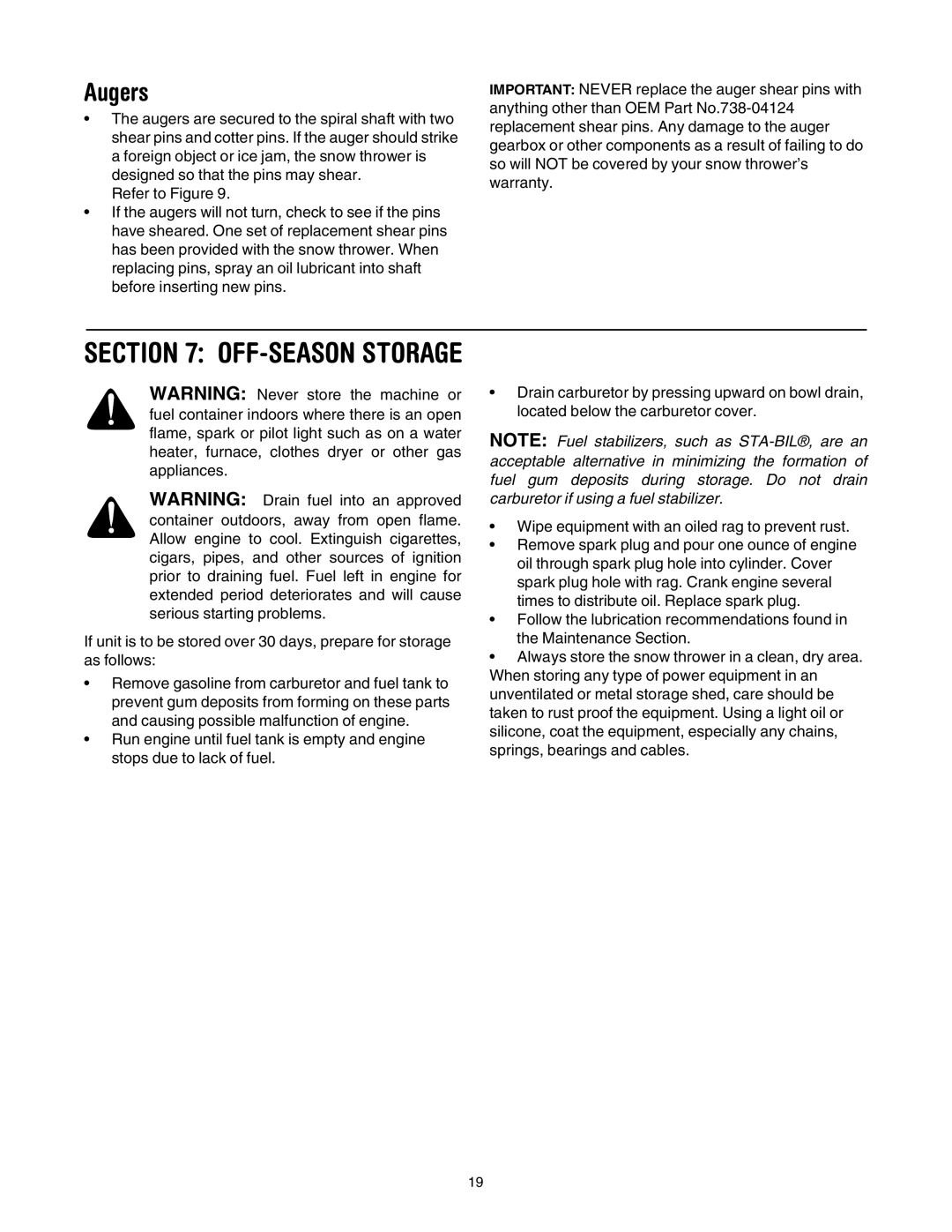 MTD 769-01276A manual Augers, OFF-SEASON Storage 