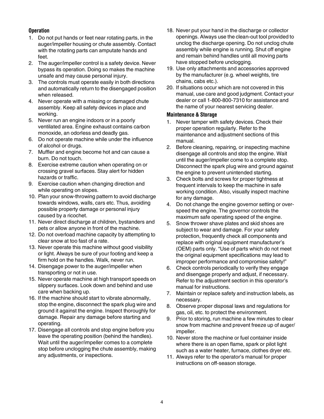 MTD 769-01276A manual Operation, Maintenance & Storage 