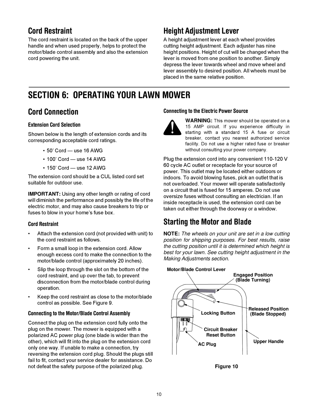 MTD 769-01445 manual Operating Your Lawn Mower, Cord Restraint, Height Adjustment Lever, Cord Connection 