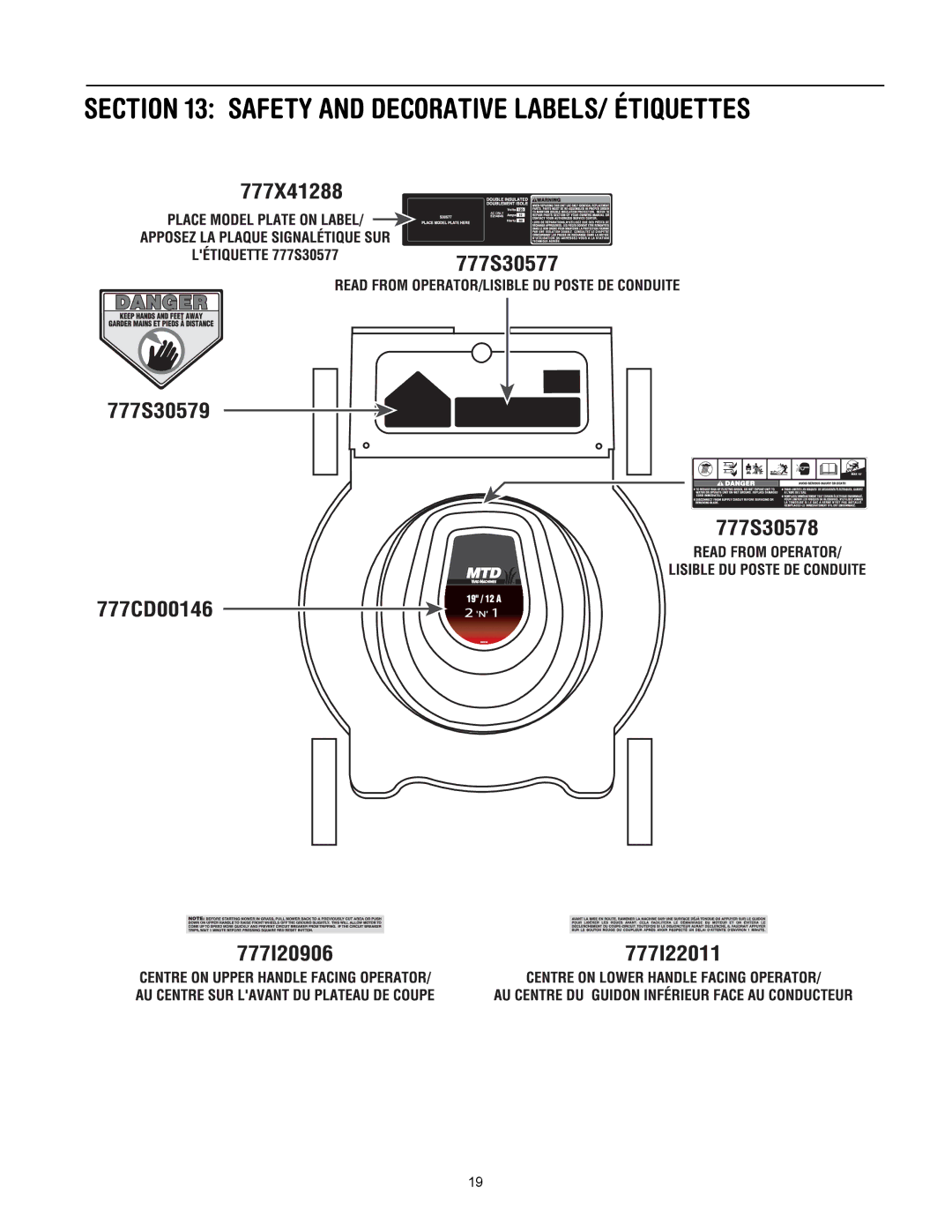 MTD 769-01445 manual Safety and Decorative LABELS/ Étiquettes 