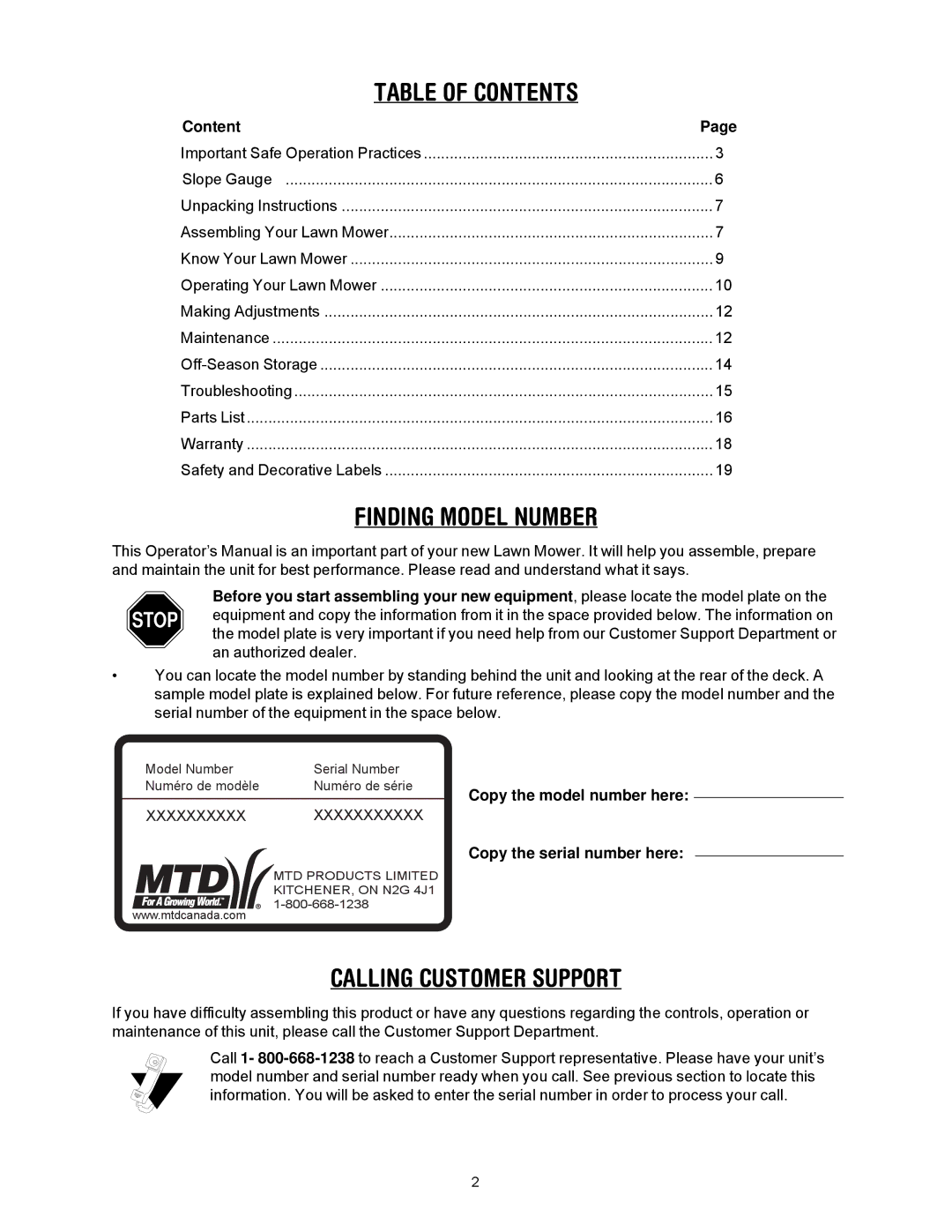 MTD 769-01445 manual Table of Contents, Finding Model Number, Calling Customer Support 