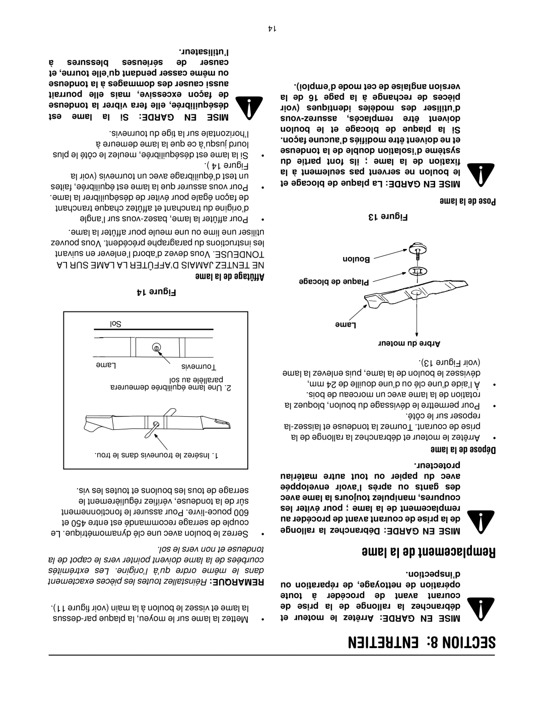 MTD 769-01445 manual Entretien 8 Section, Lame la de Remplacement 