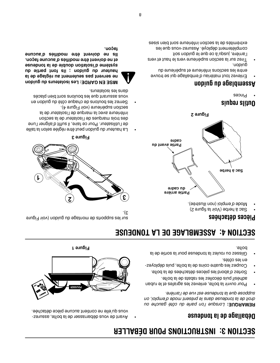 MTD 769-01445 manual Tondeuse la de Déballage, Déballer Pour Instructions 3 Section, Guidon du Assemblage, Détachées Pièces 