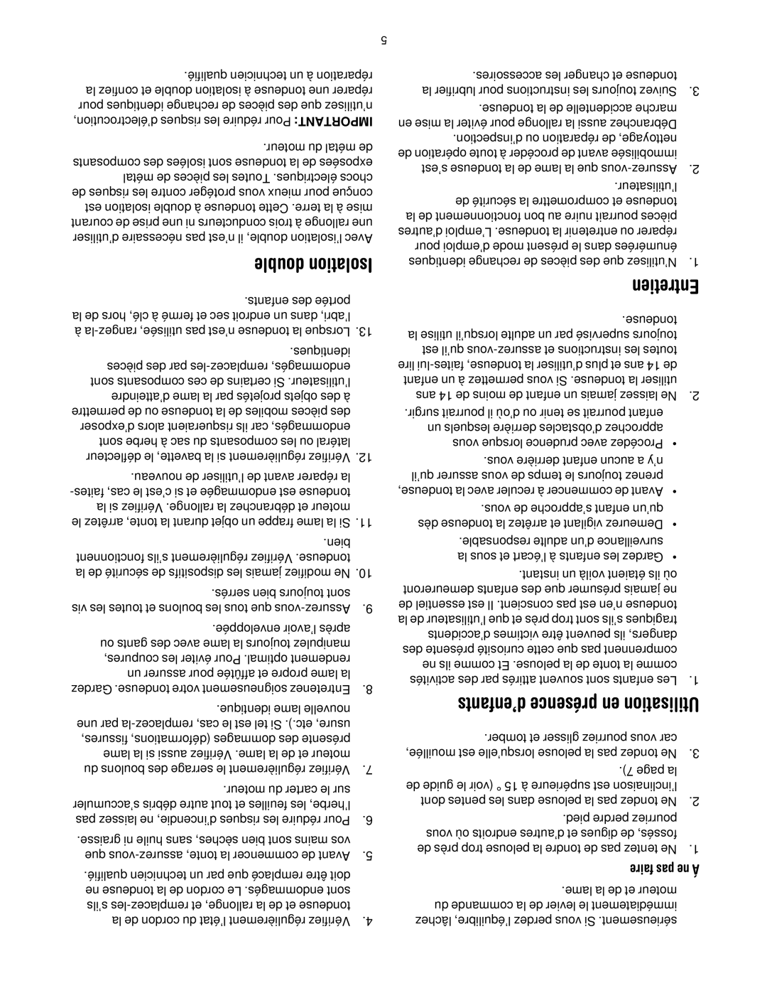 MTD 769-01445 manual Double Isolation, Entretien, ’enfants présence en Utilisation 